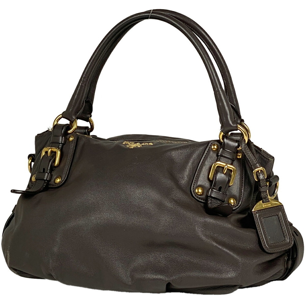 Prada Logo Handbag Shoulder Bag Leather Brown